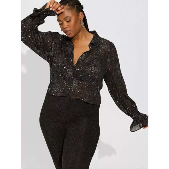 NEW Torrid Women Plus 2X Celestial Stars Button Up Shirt Chiffon Blouse Metallic - Picture 1 of 13